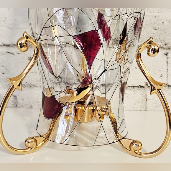 PartyLite Gold Hurricane Candle Holder & Art Glass Shade Abstract Swirl - Picture 7 of 13